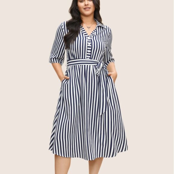 BloomChic Dresses & Skirts - BloomChic Plus size 2XL Striped Belted Shirt Collar Button Up Dress us18-20